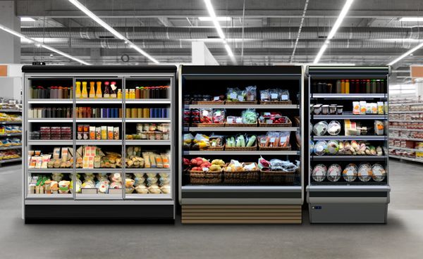 A set of refrigerators in a supermarket. 