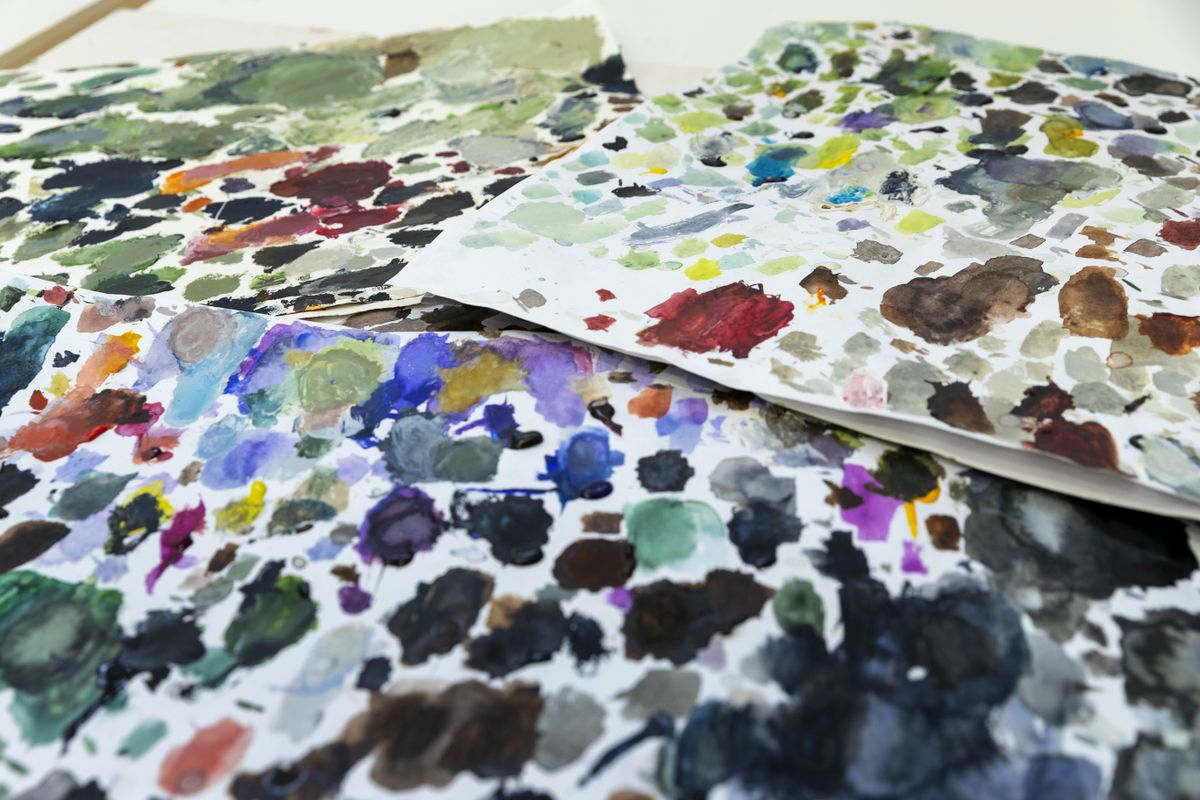 A colour palette in Cressida Campbell's studio, 2022