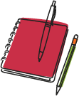A line drawing of a notebook with a pencil and a pen.