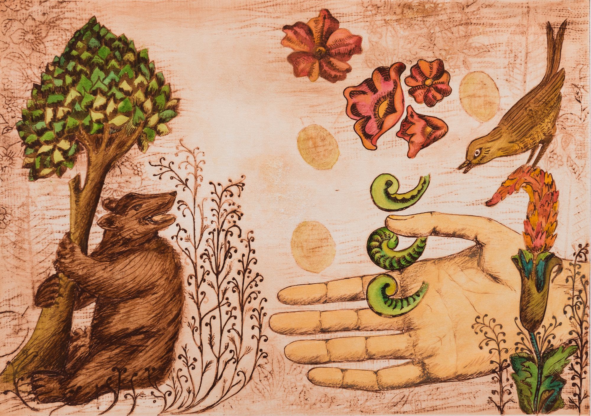 A print featuring a bear climbing a tree, a human hand, conch shells, a bird and flowers