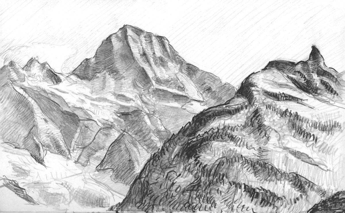 A sketchook study of mountains in China, drawn in pencil.