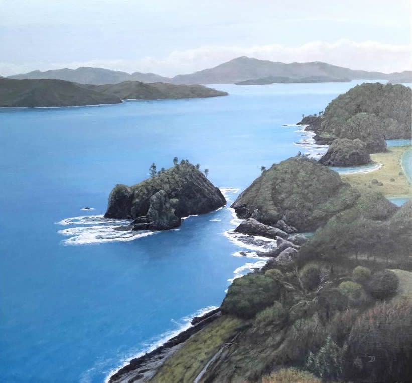 A painting of the Bay of Islands, New Zealand, with rugged coastline and bright blue water.