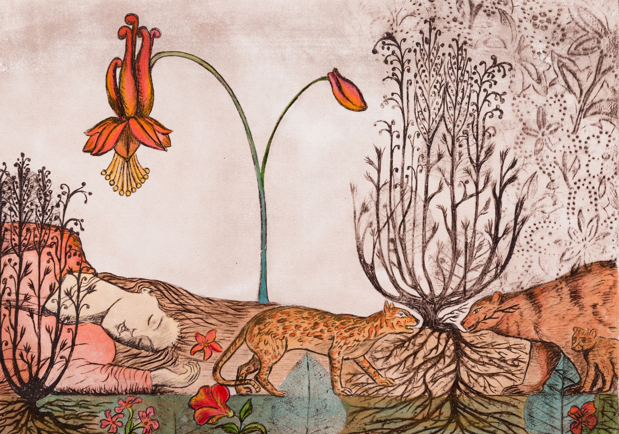 A woman lies at the base of the painting, tigers, bears, flowers and trees feature in the work.