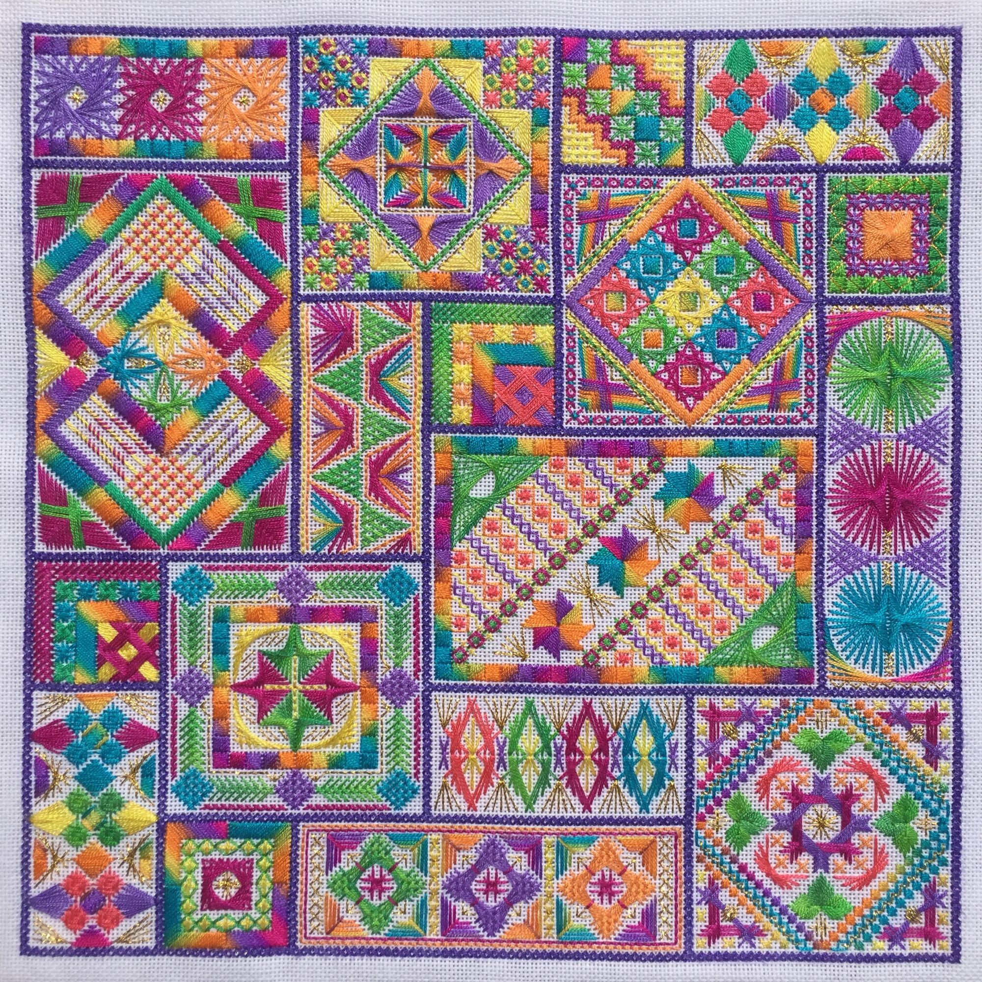 A series of embroidery patterns that work together to make a square.