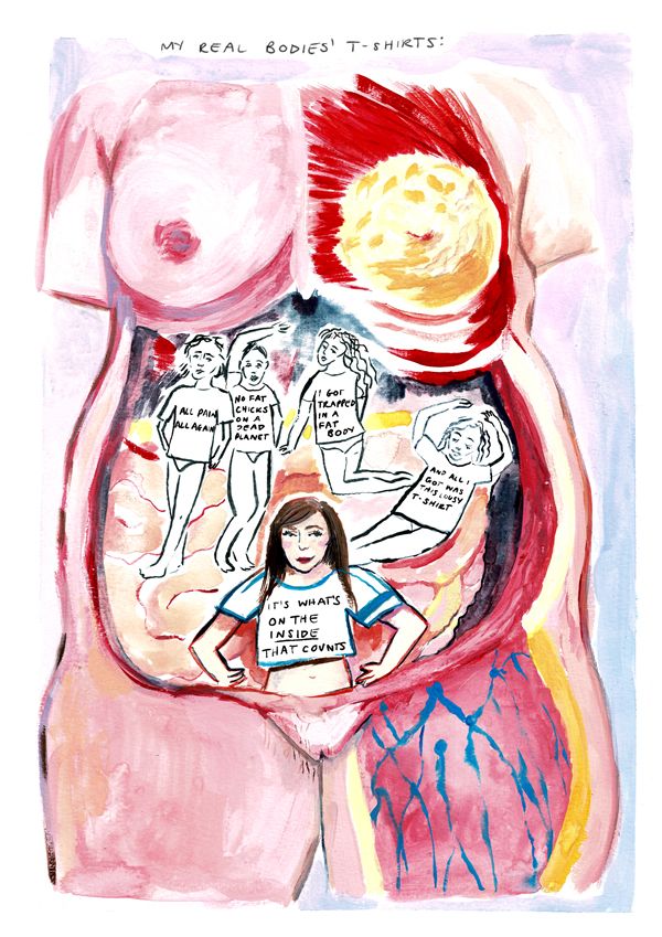 An illustration of a woman with 5 versions of herself inside her body, wearing different tshirts.