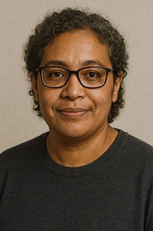 An AI-generated image of a middle aged black woman with glasses.