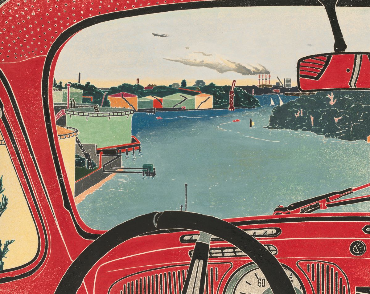 Cressida Campbell's painting, Through the windscreen, 1986. The red interior of a car overlooking a bay.