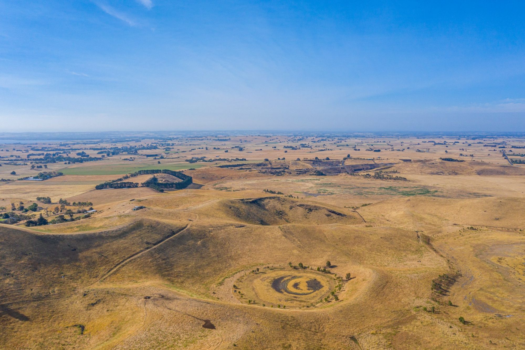 Undulating hills and volcanic craters in the Red Rock Reserve, near Colac in Western Victoria. 