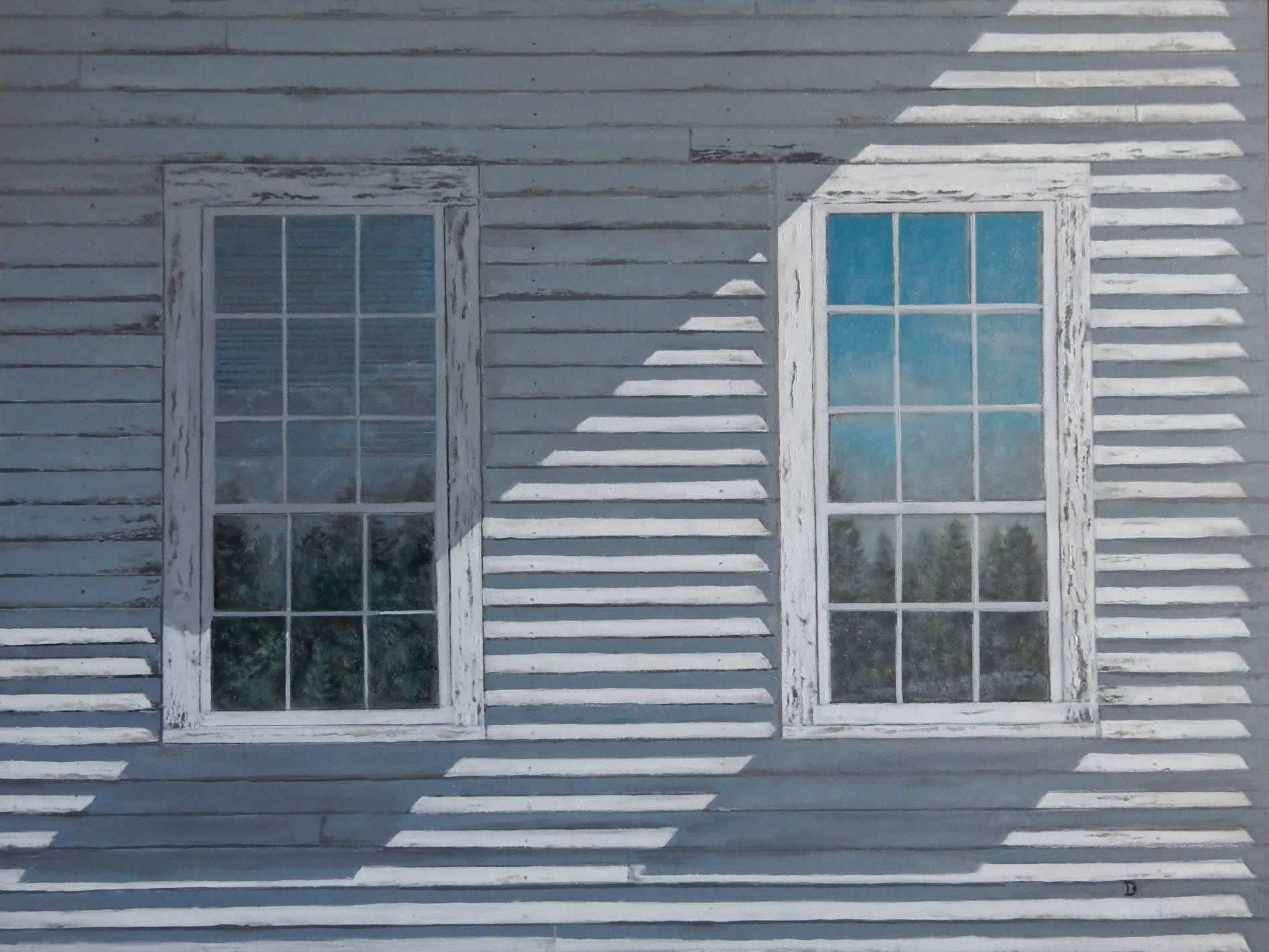 An old, white weatherboard house with two windows, painted in detail by Duncan Ball.