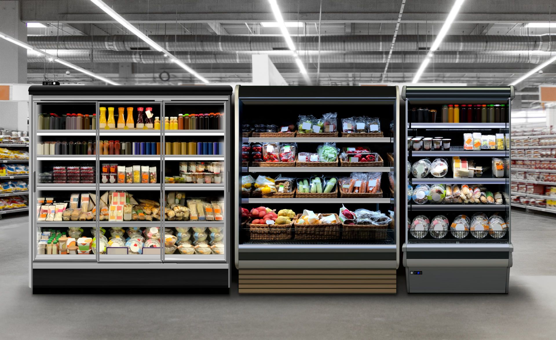 A set of refrigerators in a supermarket. 