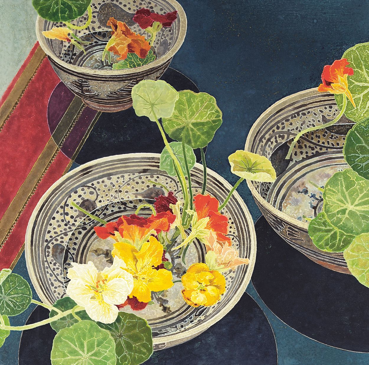Cressida Campbell's image of nasturtiums in pottery bowls on a table 